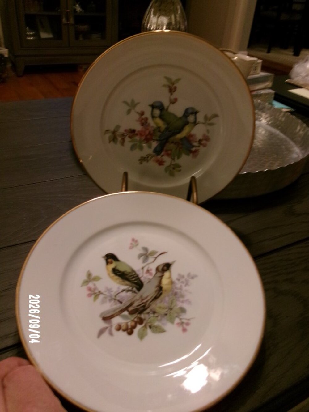 Vintage JKW Heinlich Western Germany Fine Porcelain Bird Plates Gold Set of 2 EX
